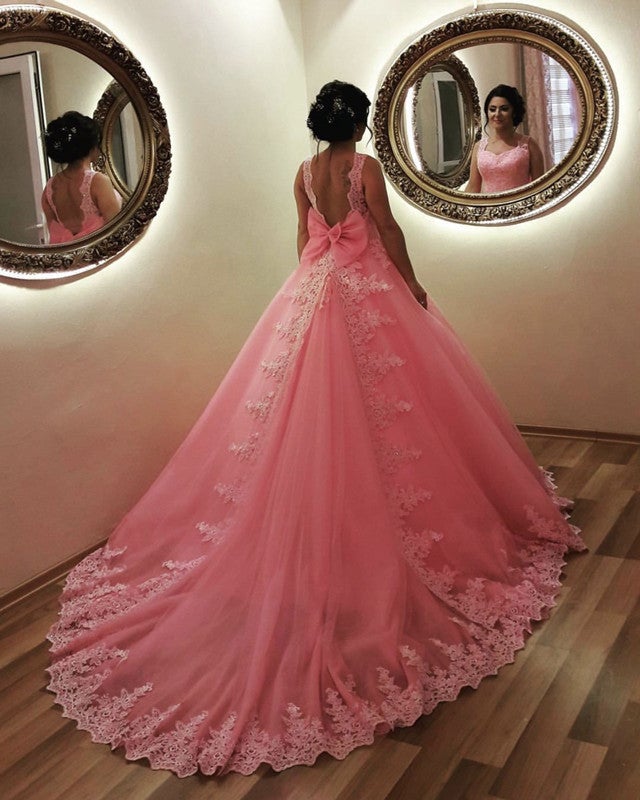 pink quince dress with bow in the back Blush Pink Wedding Dresses Tulle Ball Gown With Bow
