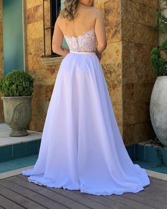 Chiffon Beach Wedding Dresses Two Piece Lace Crop Chiffon Beach Wedding Dresses Two Piece Lace Crop