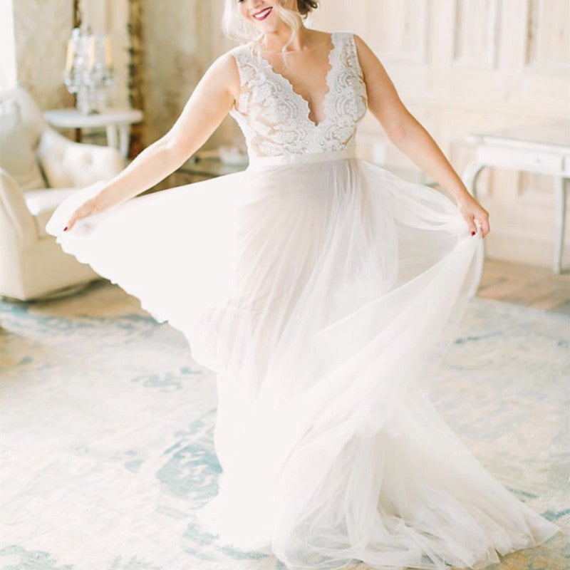 Boho Lace Appliques Tulle Country Style Wedding Dresses  alinanova