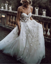 Load image into Gallery viewer, Lace-Flowers-Sweetheart-See-Through-Corset-Tulle-Boho-Wedding-Dresses-2019
