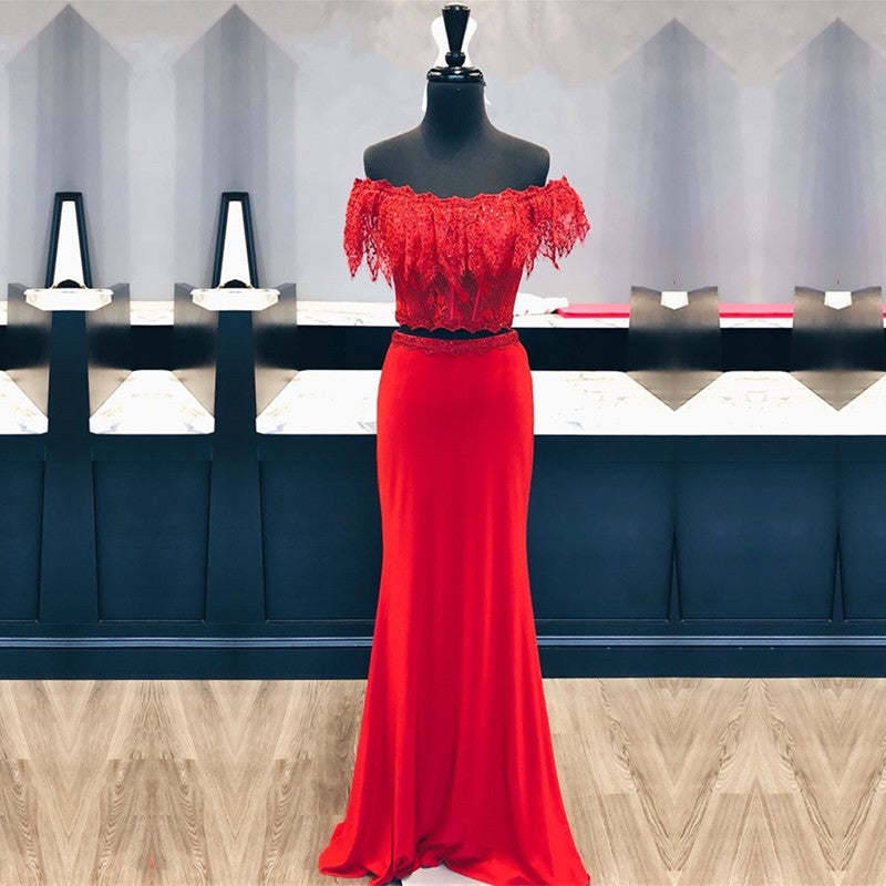 Boho Lace Ruffles Red Two Piece Prom Dress Mermaid alinanova Boho Lace Ruffles Red Two Piece Prom Dress Mermaid alinanova