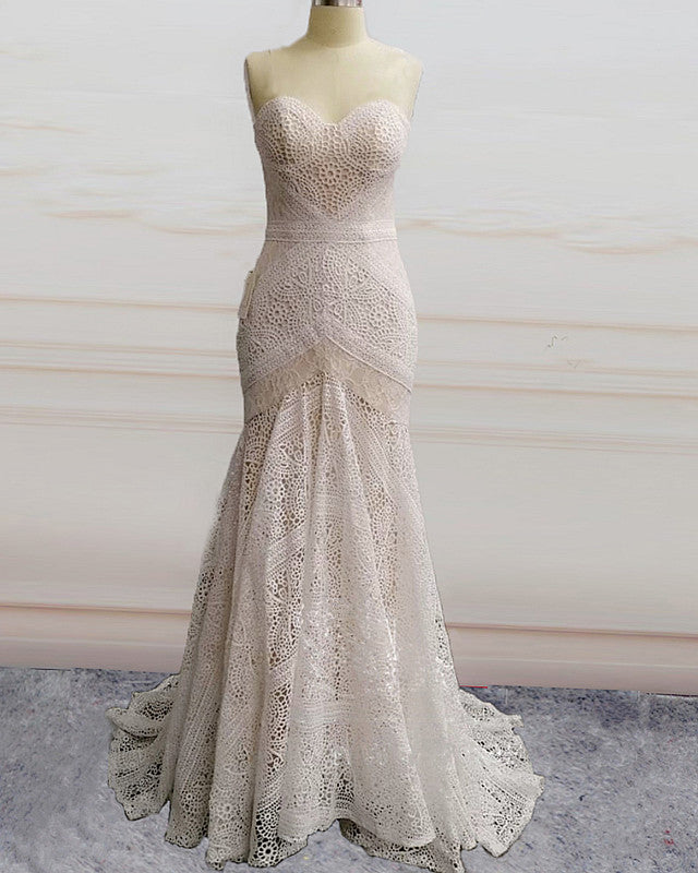 Boho Mermaid Wedding Dresses Lace Sweetheart Removable Straps-alinanova
