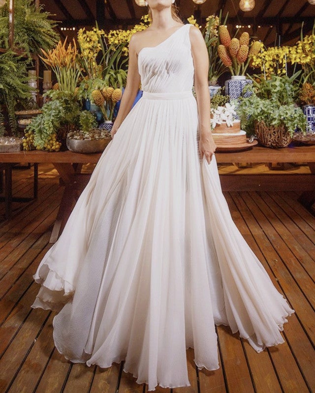 wedding dresses one shoulder style Jacqueline: Mikado A-Line Gown with One-Shoulder Neckline and Detachable Bow