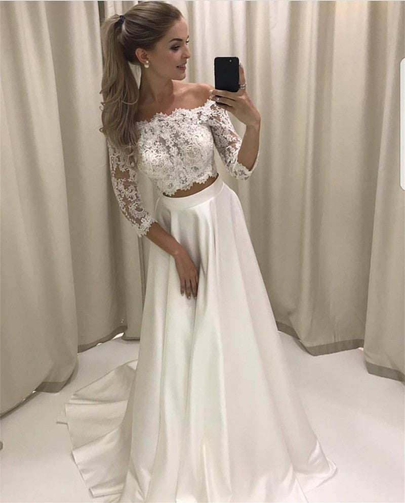 Boho Style Lace Sleeved Two Piece Wedding Dresses Beach Bridal Gowns alinanova