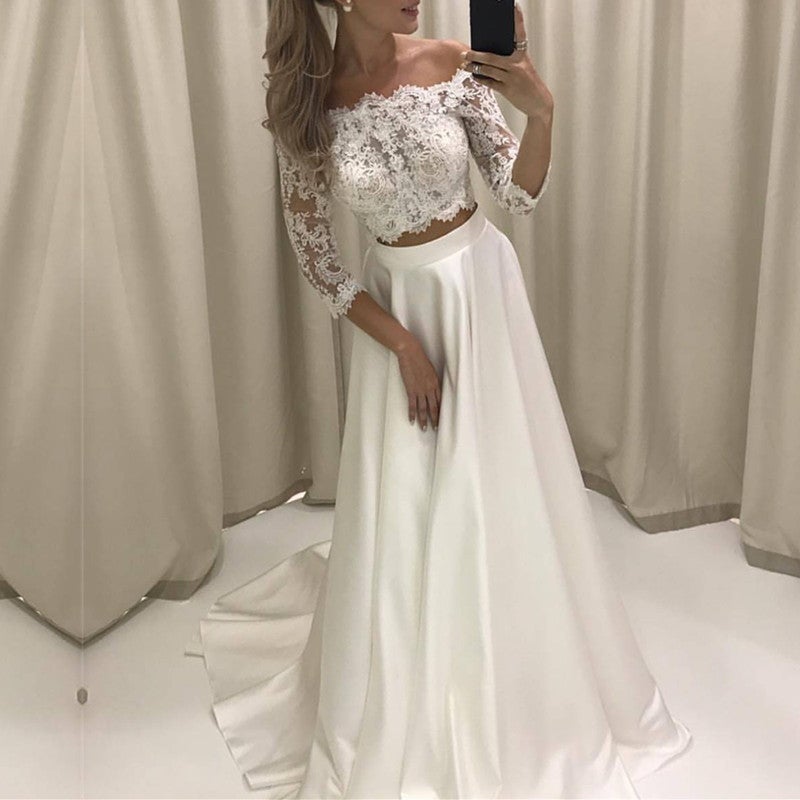 Boho Style Lace Sleeved Two Piece Wedding Dresses Beach Bridal Gowns-alinanova