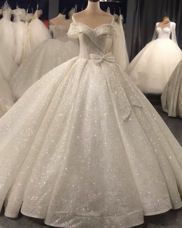 Bow Back Wedding Dress Sequins Ball Gown Off The Shoulder – alinanova