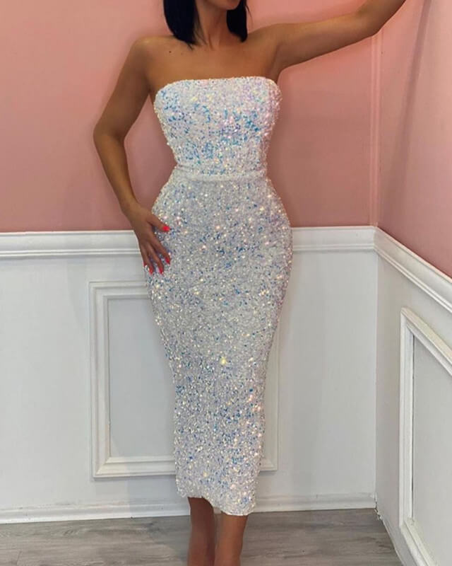 White Iridescent Sequin Bodycon Midi Dress