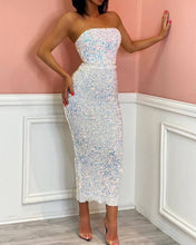 Load image into Gallery viewer, White Iridescent Sequin Bodycon Midi Dress
