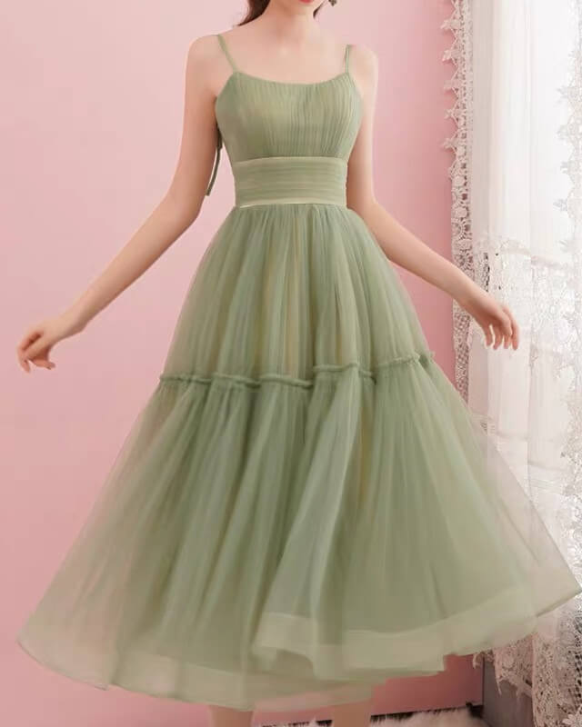 A-line Sage Green Tulle Midi Dress