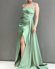 Load image into Gallery viewer, Mermaid Sage V Neck Slit Satin Dress
