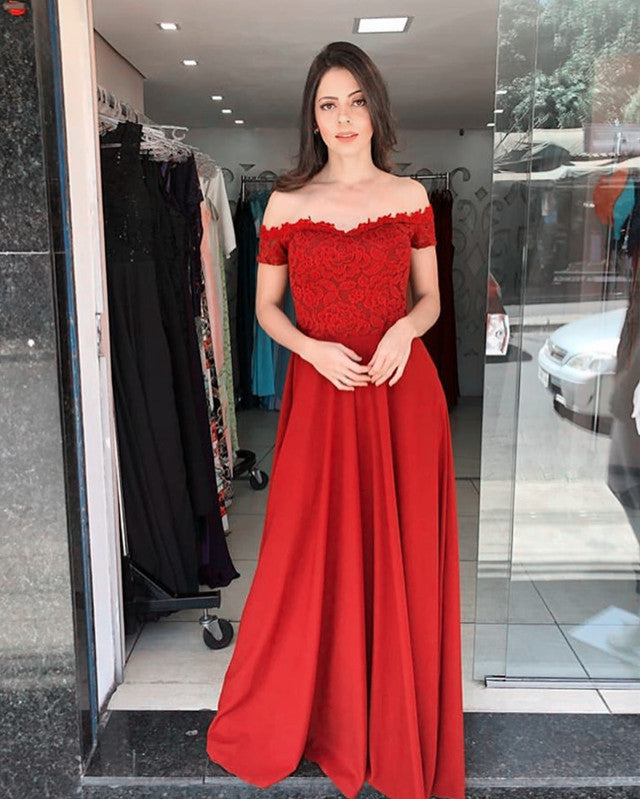 fitted lace wedding dress Simple A-Line Dark Red Satin Long Prom Dress Red Bridesmaid Dress US 12 / Red (As picture) main image 1