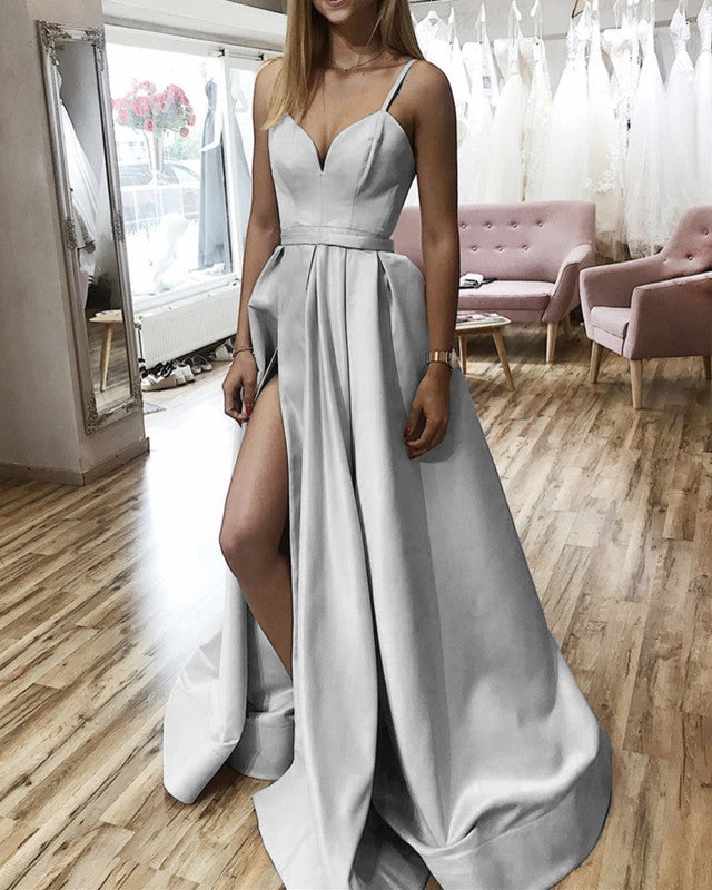 metallic silver bridesmaid dresses Spaghetti Straps Dress Long Satin Slit Color:Red 3pcs set What Colour Shoes to The Luscia dress showcases Composition:Cotton