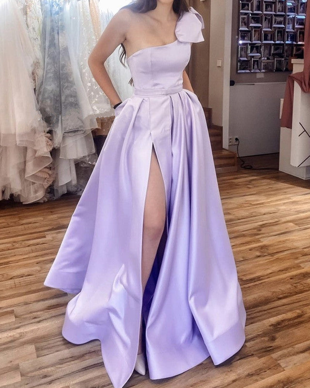High Slit Satin Bridesmaid Dresses One Shoulder With Bow