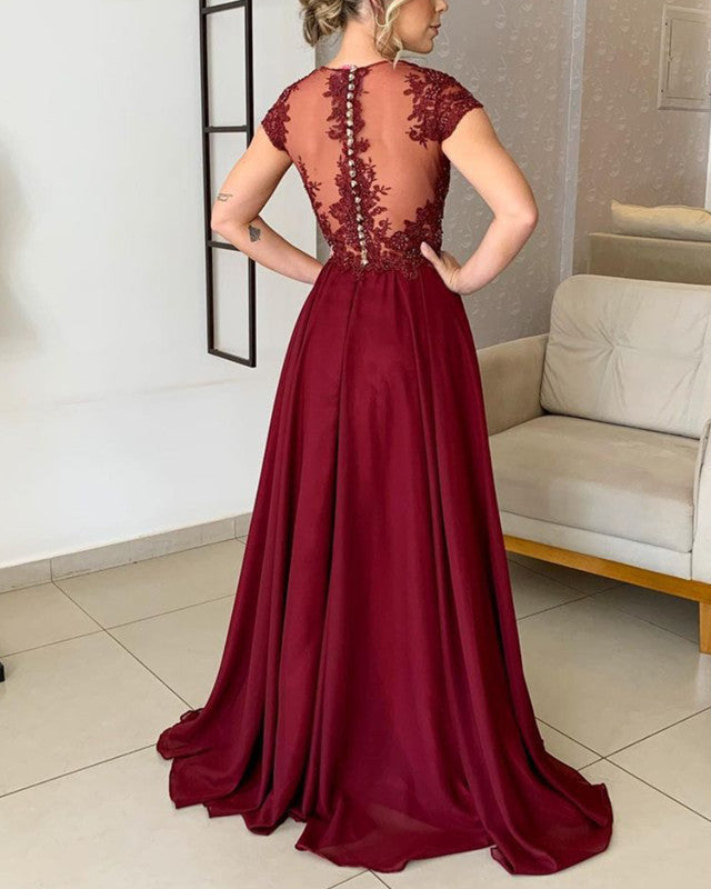 Modest Bridesmaid Dresses Chiffon Cap Sleeves Lace Appliques