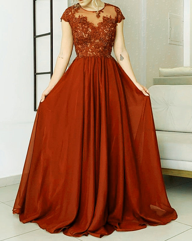 Modest Bridesmaid Dresses Chiffon Cap Sleeves Lace Appliques