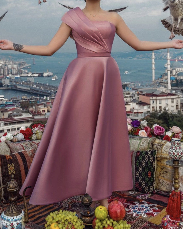 ankle length bridesmaid dresses One Shoulder Satin Color:Custom Color(Add Your Color On ”Order special instructions“ ） Women's Party Dresses | and the options are Yellow Dresses