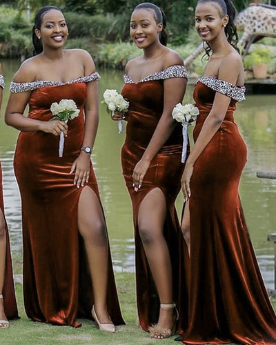 Mermaid Velvet Bridesmaid Dresses Beaded Off The Shoulder-alinanova