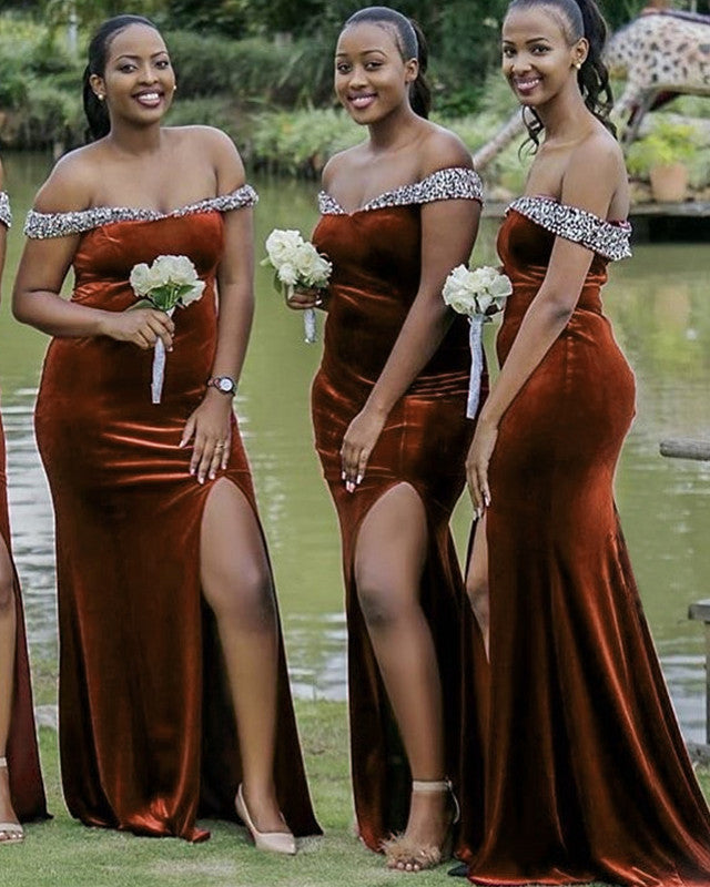 Mermaid Velvet Bridesmaid Dresses Beaded Off The Shoulder