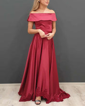 Load image into Gallery viewer, A-line Off The Shoulder Satin Bridesmaid Dresses Lace Edge
