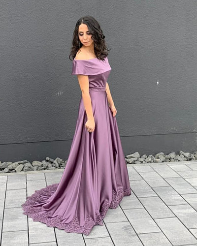 A-line Off The Shoulder Satin Bridesmaid Dresses Lace Edge-alinanova