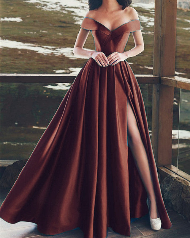 Sexy Off Shoulder Satin Bridesmaid Dresses Leg Slit Sexy Off Shoulder Satin Bridesmaid Dresses Leg Slit