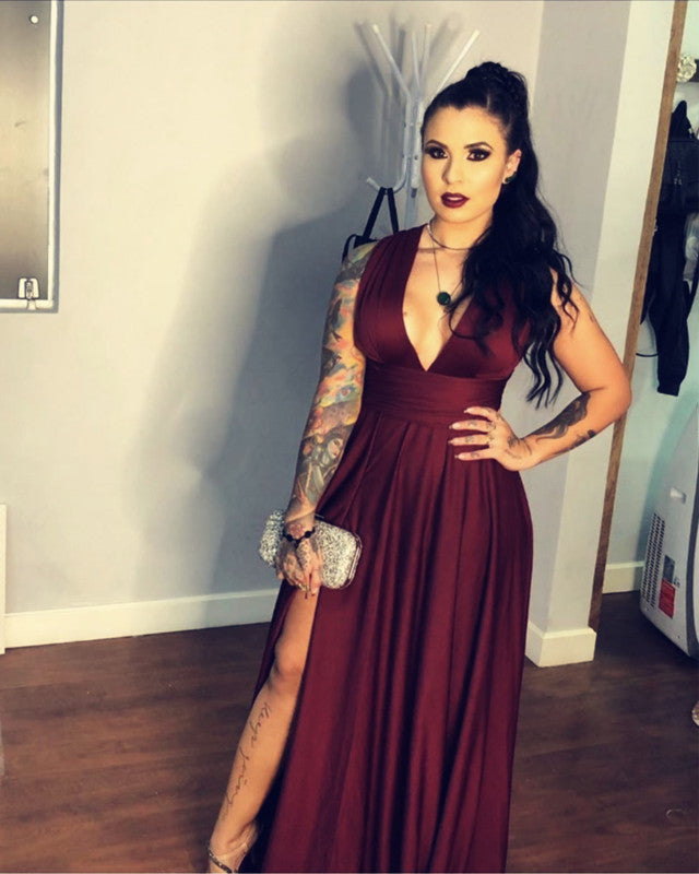 Sexy Plunge Neck Long Chiffon Bridesmaid Dresses Leg Slit