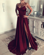 Load image into Gallery viewer, A Line Strapless Long Satin Split Prom Dresses
