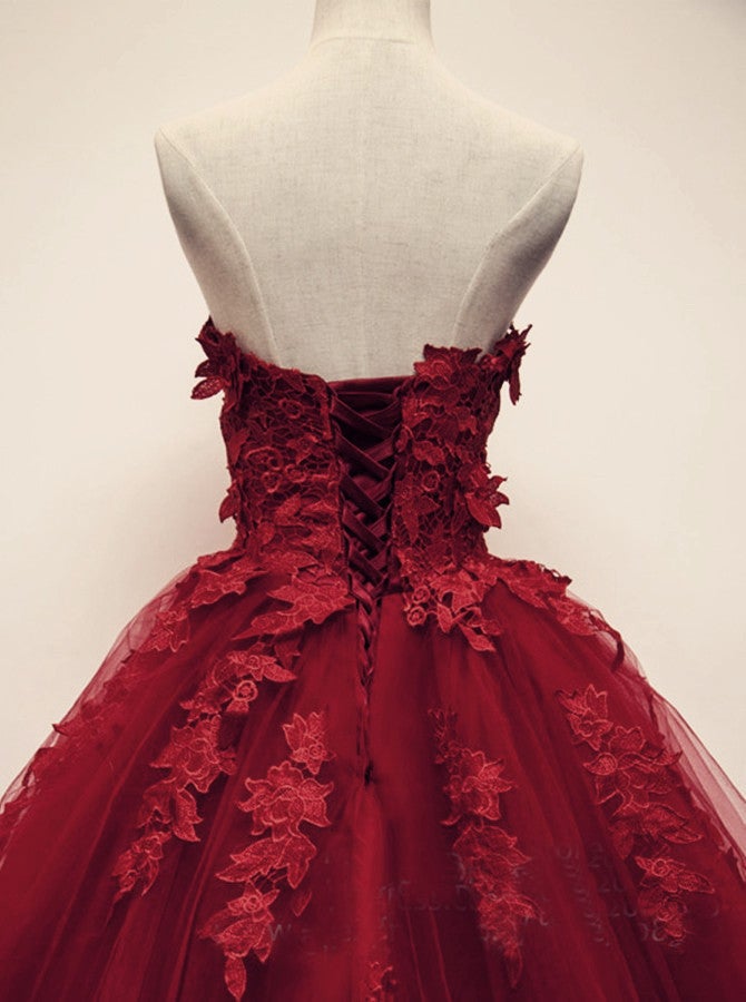 Burgundy Floral Lace Sweetheart Tulle Ball Gown Wedding Dresses – alinanova