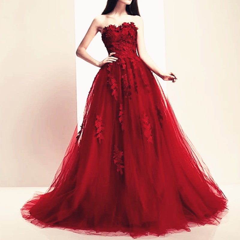 tea length burgundy mother of the bride dress Burgundy Floral Lace Sweetheart Tulle Ball Gown Wedding Dresses