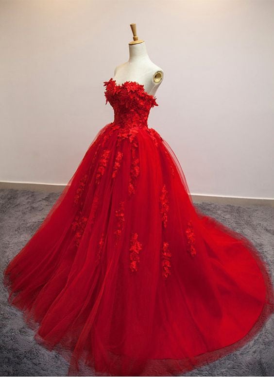 Burgundy Floral Lace Sweetheart Tulle Ball Gown Wedding Dresses – alinanova