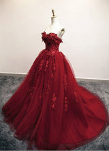 Load image into Gallery viewer, Burgundy Floral Lace Sweetheart Tulle Ball Gown Wedding Dresses
