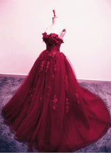 Load image into Gallery viewer, Burgundy Floral Lace Sweetheart Tulle Ball Gown Wedding Dresses

