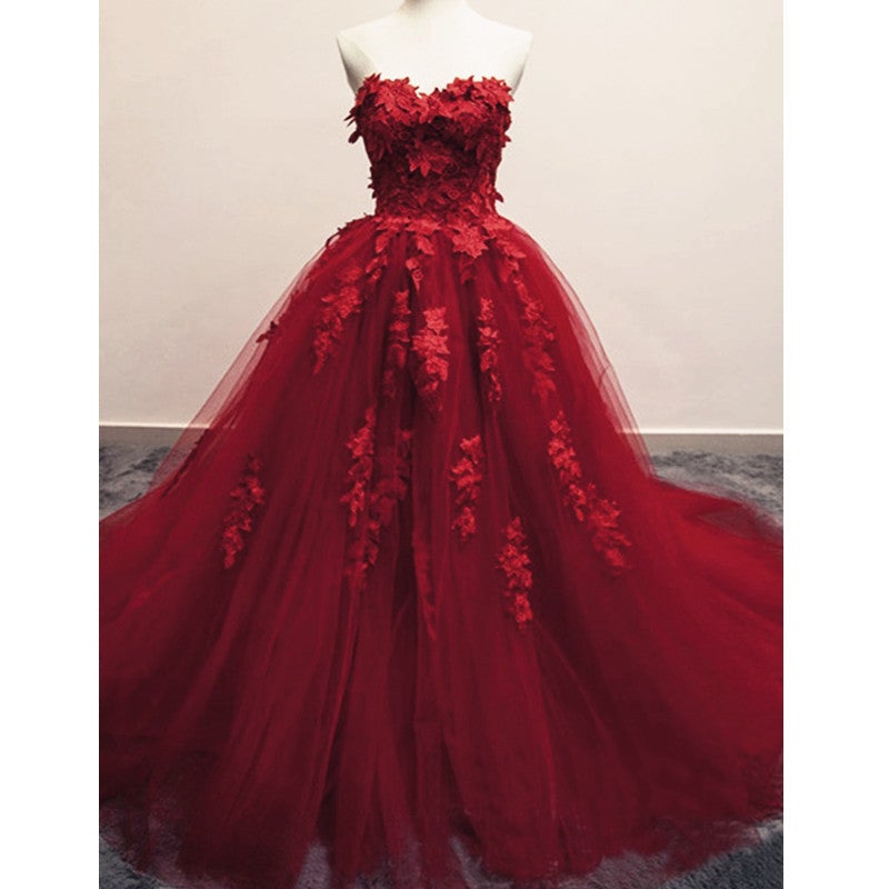 Burgundy Floral Lace Sweetheart Tulle Ball Gown Wedding Dresses-alinanova