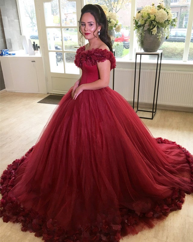 Burgundy Flower V-neck Tulle Ball Gowns Quinceanera Dresses Burgundy Flower V-neck Tulle Ball Gowns Quinceanera Dresses