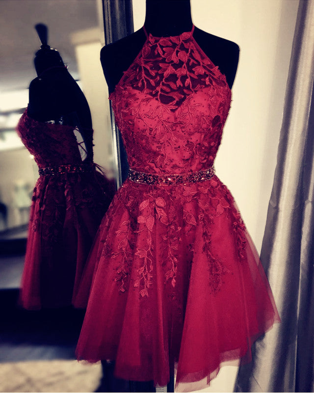 halter neck homecoming dresses Lace Embroidery Halter Tulle Homecoming Dresses Cross Back