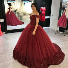Load image into Gallery viewer, Burgundy Lace Appliques V-neck Off The Shoulder Ball Gowns Wedding Dresses
