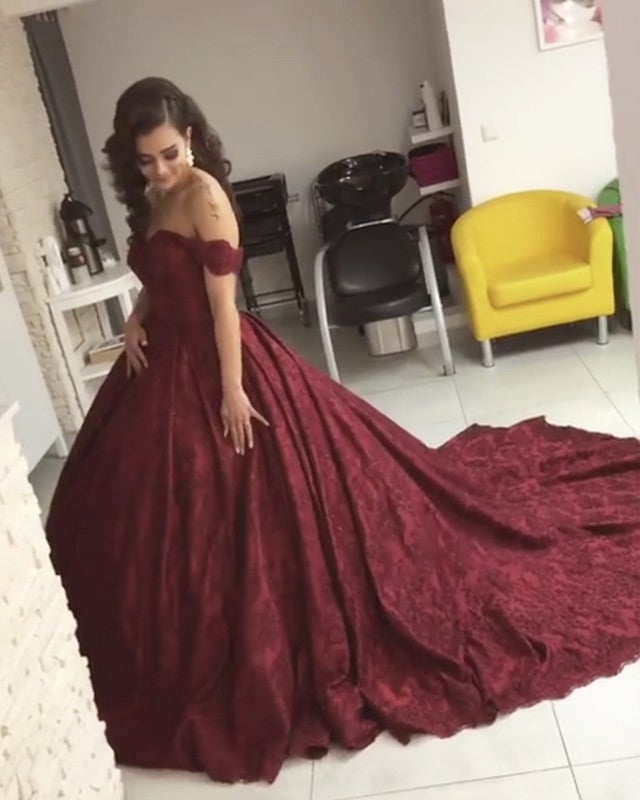 Burgundy Lace Ball Gown Off Shoulder Wedding Dresses Burgundy Lace Ball Gown Off Shoulder Wedding Dresses
