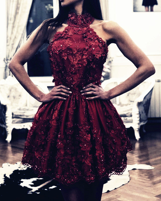 Burgundy Lace Homecoming Dresses Halter