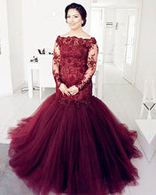 Load image into Gallery viewer, Burgundy Lace Mermaid Evening Dress Long Sleeves
