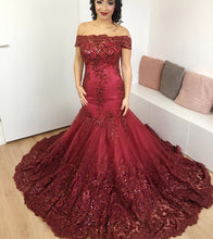 Load image into Gallery viewer, Burgundy Lace Mermaid Prom Dresses Off The Shoulder
