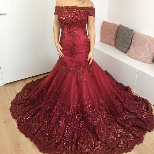 Burgundy Lace Mermaid Prom Dresses Off The Shoulder-alinanova
