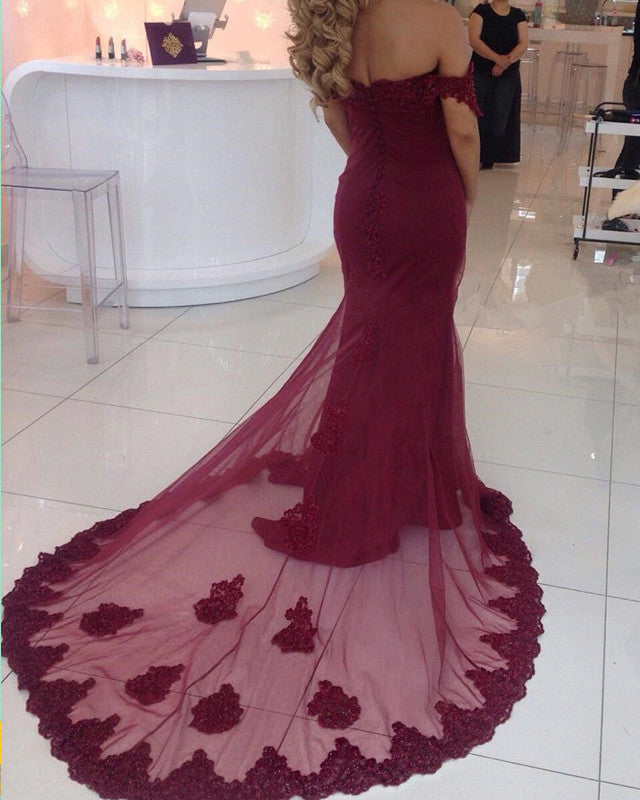 Elegant Long Burgundy Mermaid Prom Dresses Lace Appliques-alinanova