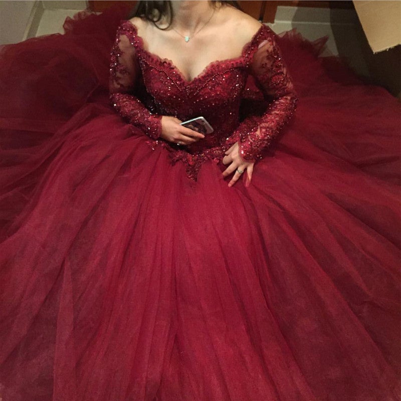 Burgundy Long Sleeves Prom Dresses Tulle Ball Gowns Lace Appliques Burgundy Long Sleeves Prom Dresses Tulle Ball Gowns Lace Appliques
