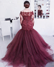 Load image into Gallery viewer, Burgundy Lace Mermaid Prom Dress Long Sleeves
