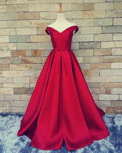 Load image into Gallery viewer, Burgundy Off The Shoulder Satin Prom Dresses

