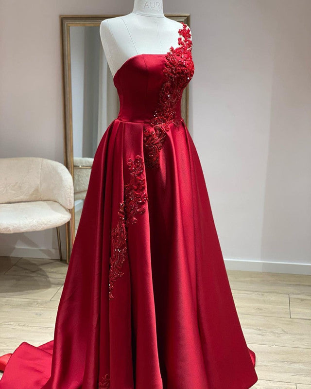 One Shoulder Prom Dresses Satin Floor Length Lace Appliques – alinanova