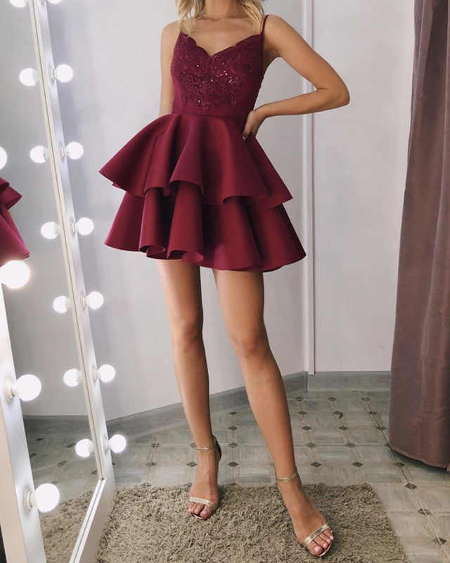 Lace Appliques V Neck Ruffles Homecoming Dresses Spaghetti Straps Lace Appliques V Neck Ruffles Homecoming Dresses Spaghetti Straps
