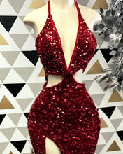 Load image into Gallery viewer, Burgundy Sequin Cut-Out Prom Dresses
