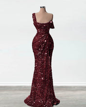 Load image into Gallery viewer, Burgundy Mermaid Sequin Prom Dress One Shoulder
