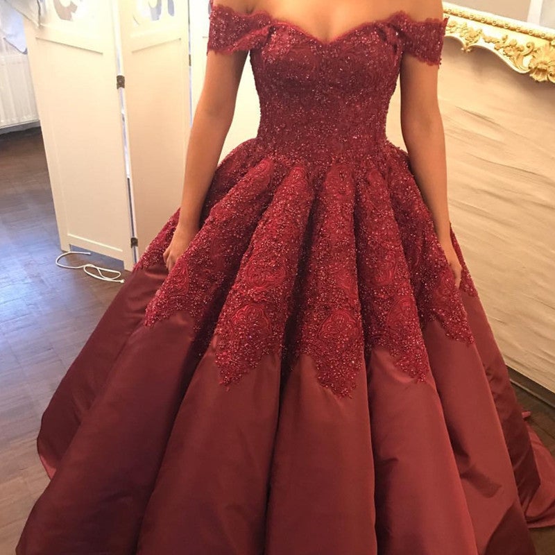 Burgundy Taffeta Wedding Ball Gown Dresses Lace Off The Shoulder-alinanova